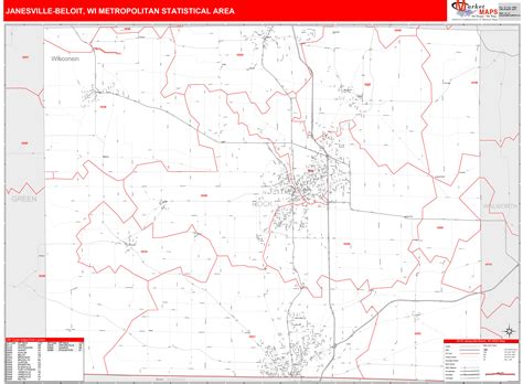 Janesville Beloit Wi Metro Area Wall Map Red Line Style By Marketmaps