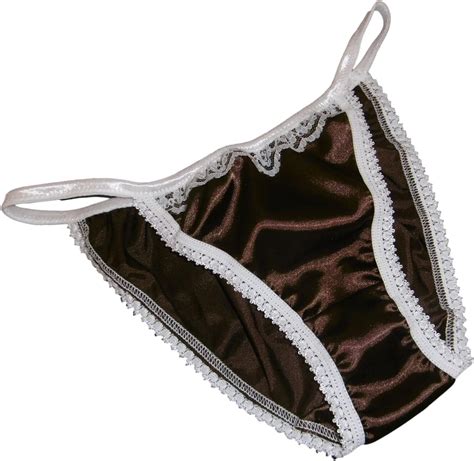 Shiny Satin String Bikini Mini Tanga Panties Chocolate Brown With Ivory Lace 6 Sizes Made In