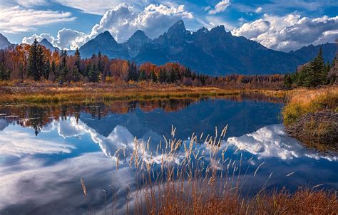Wallpaper Autumn Mountains Reflection River Wyoming Wyoming Grand