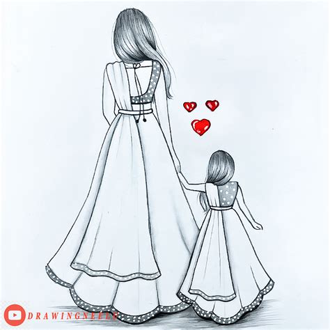 Drawingneelu How To Draw A Mother And Daughter Mothers Day
