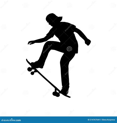 Silhouette Of Teenage Skateboarder Learning Trick On Skateboard Stock