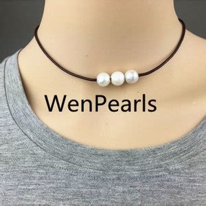Round Pearl Necklaceleather Pearl Choker Pearl Leather Etsy