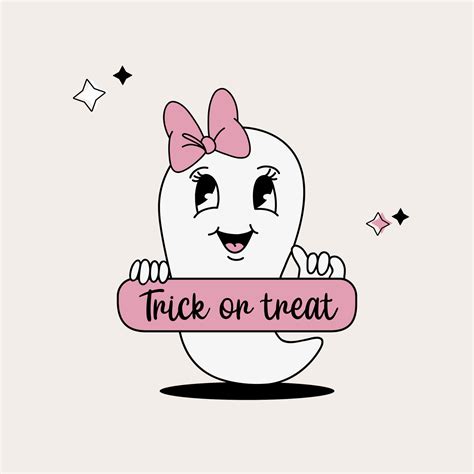 Cute Cartoon Ghost Girl With Pink Bow In Vintage Style Groovy