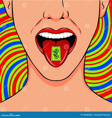 Stamp With Lsd Drug On Tongue Pop Art Vector 100580590