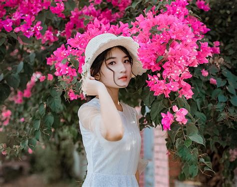 Hd Wallpaper Women Asian Girl Hat Model Pink Flower White Dress Woman Wallpaper Flare