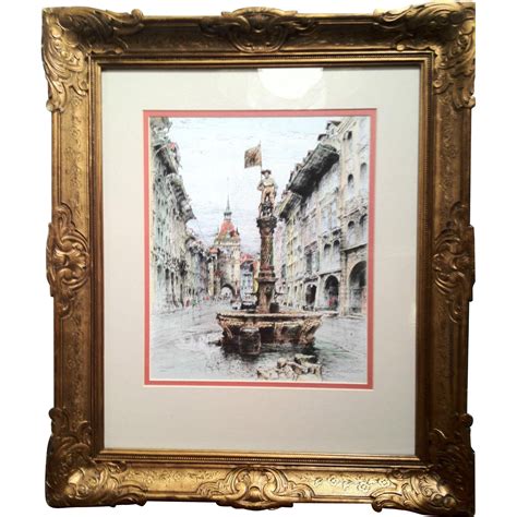 Colored Etching by Paul Geissler (German Artist) w/ Gold Wood Frame ...