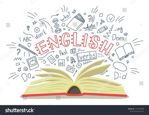 English Open Book With Language Hand Drawn Doodles And Lettering On