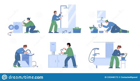 Plumbers Repairing The Pipes And Fittings Of Water Supply Vector