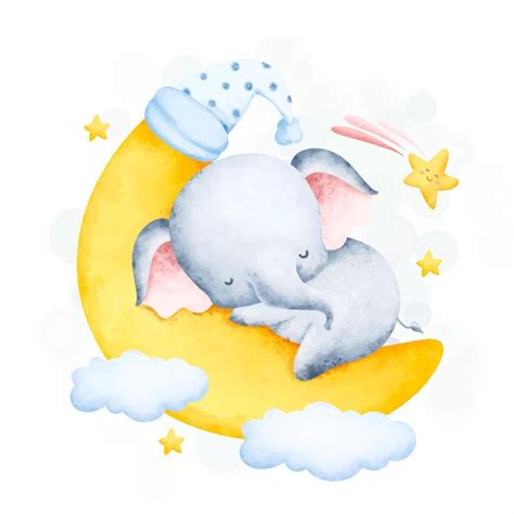 Acuarela Lindo Bebé Elefante En La Nube Vector Premium