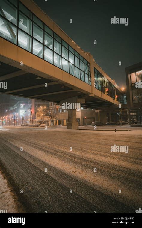 A Pedestrian Bridge In A Snowy Winter Night Stock Photo Alamy