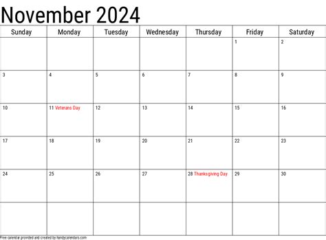 Free Printable November 2024 Calendar With Holidays Free Printable