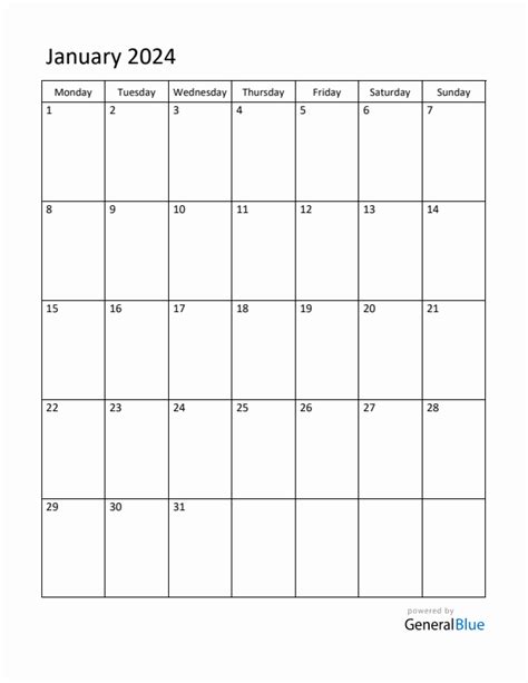 January 2024 Monday Start Calendar Pdf Excel Word