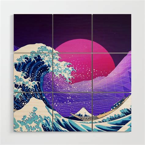 Synthwave Space The Great Wave Off Kanagawa 2 Wood Wall Art By