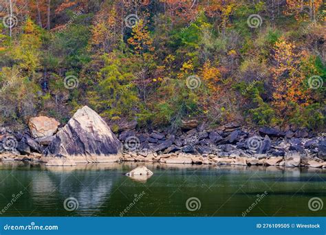 Large Boulders On Rocky Shore In Forested Area Near Water S Edge Stock