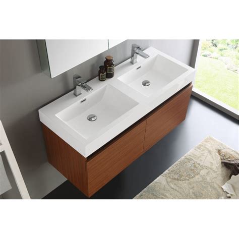 I bought a 30 wide x 24 high x 24 deep refrigerator kitchen wall hung cabinet, and cut the depth of the box down to 21, and the height down to 18. Fresca Mezzo 48" Teak Wall Hung Double Sink Modern Bathroom Vanity with Medicine Cabinet