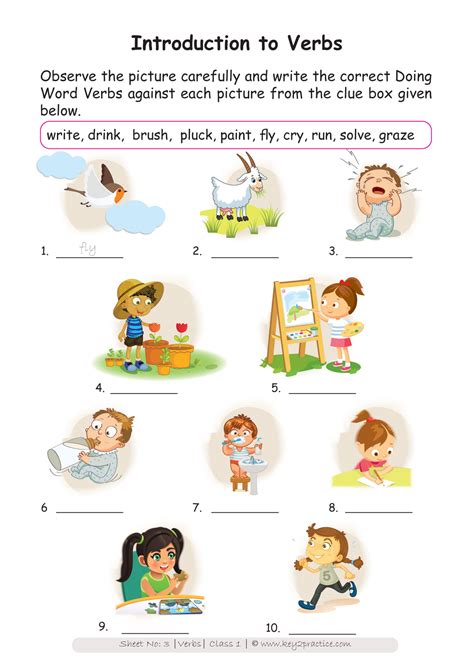 English Worksheets Grade 1 Chapter Verbs Key2practice
