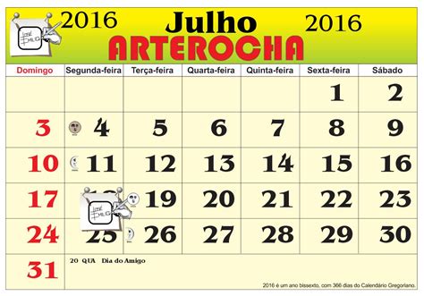 ARTEROCHA CALENDÁRIO MES DE JULHO 2016