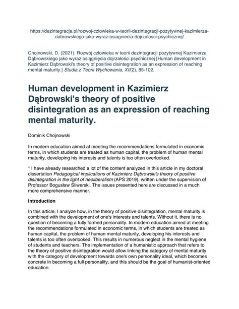 Pdf Human Development In Kazimierz Dąbrowskis Theory Of Positive