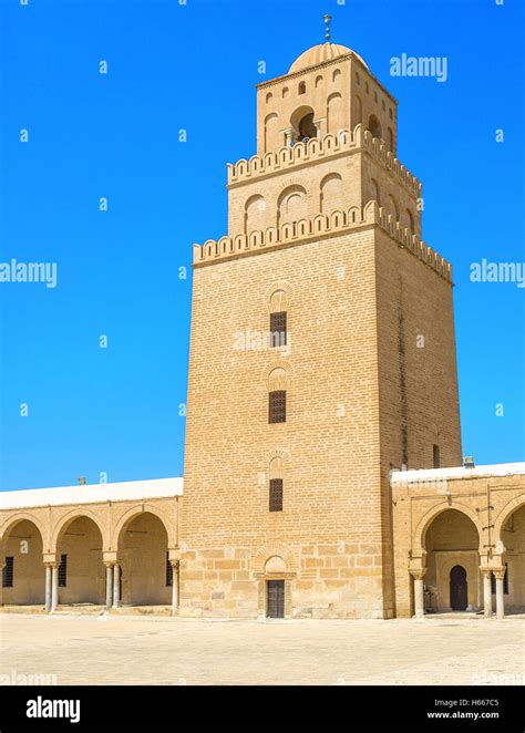 The High Brick Minaret Of The Grand Mosque Kairouan Tunisia Stock