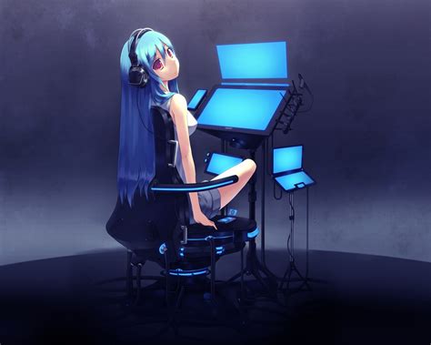 Wallpaper Anime Girls Original Characters Blue Hair Headphones