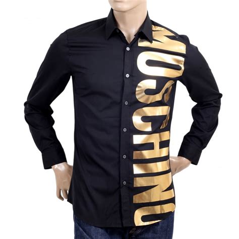 Black Gold Shirt Mens Moschino Printed Logo Cotton T Shirt In Black