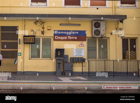 Riomaggiore Sign In The Train Station Cinque Terre Italy Stock