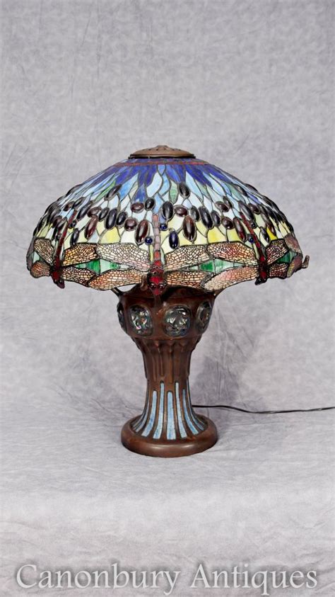 Art Nouveau Bronze Tiffany Lamp Dragonfly Coloured Glass Shade