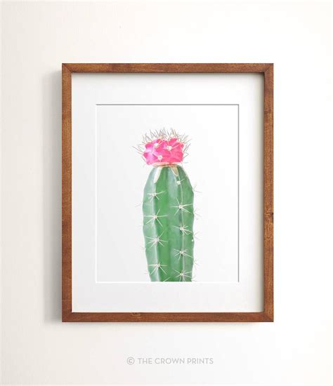 A Cactus With A Pink Flower In A Wooden Frame Hanging On A Wall Next To