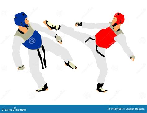 Fight Between Two Taekwondo Fighters Illustration Isolated Sparring On