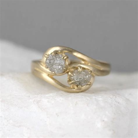 Two Stone Raw Diamond Engagement Ring And Wedding Band Set 2 Uncut