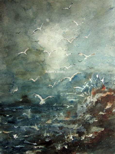 Seagulls Print Of A Watercolor Seascape Matted Watercolor Artbeach