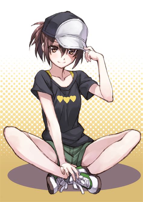 safebooru 1girl baseball cap brown eyes brown hair casual full body halftone halftone