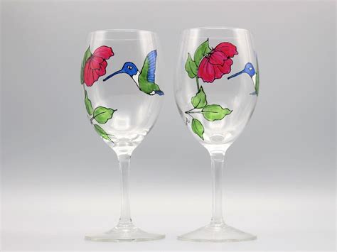 Hand Painted Hummingbird Wine Glasses Hummingbird And Flower Etsy
