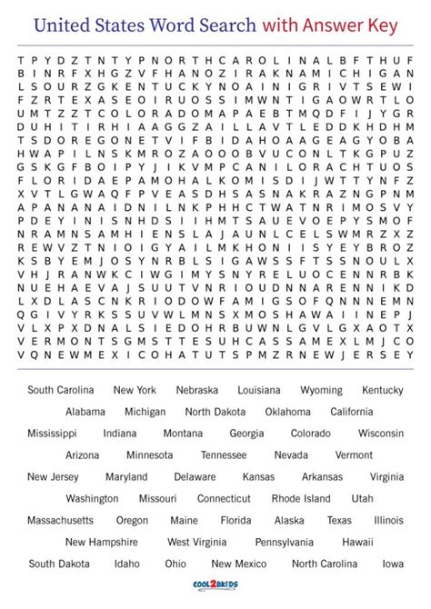 Printable 50 States Word Search Cool2bkids