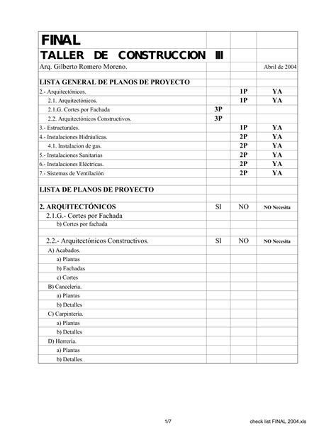 Check List De Revision De Proyecto Arquitectonico Ejecutivo