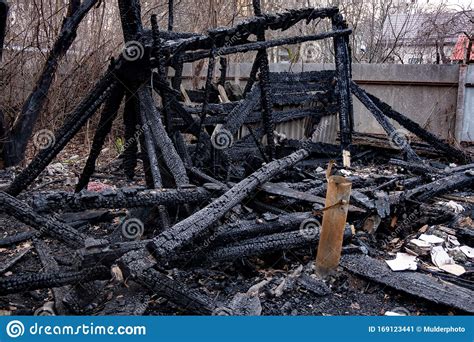 Consequences Of Fire Completely Burnt Wooden House Stock Image Image
