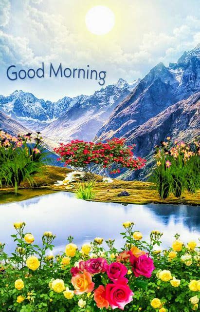 A Painting Of Flowers And Mountains With The Words Good Morning Written
