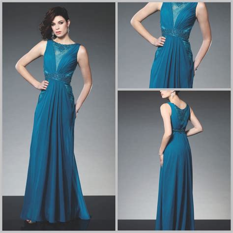 China Blue Party Prom Formal Dresses A Line Chiffon Lace Long Evening