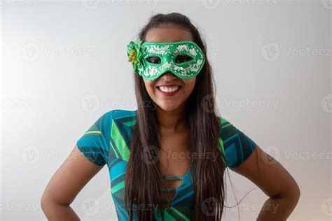 Happy Young Woman With Mask And Confetti At Carnaval Party Brazilian
