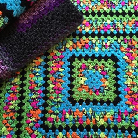 Giant Granny Square Crochet Blanket Variegated Yarn With Black