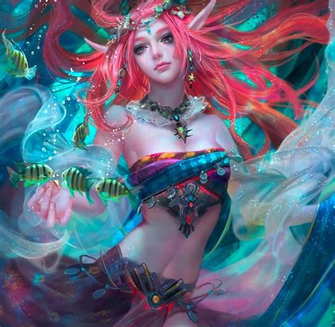 Lady Of The Oceans Blue Necklace Top Red Hair Lady Abstract Ocena Water Fantasy Woman
