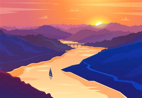 Sunset landscape. Vector ~ Illustrations on Creative Market