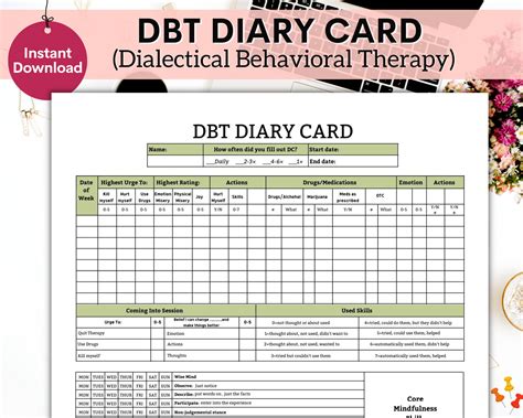 Dbt Diary Card Dbt Cards Cbt Worksheets Dialectical Etsy