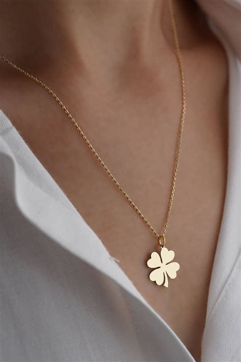 14k Solid Gold Four Leaf Clover Necklace 4 Leaf Clover Etsy
