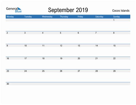 Editable September 2019 Calendar With Cocos Islands Holidays