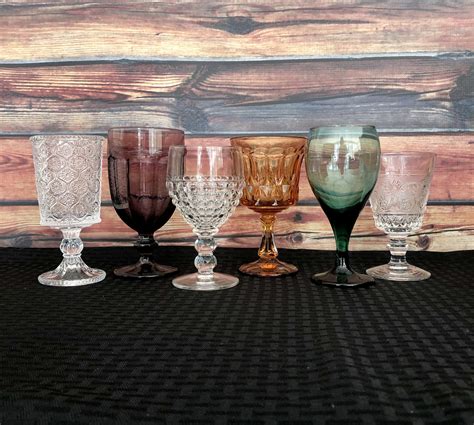 Mismatched Colored Drinking Glasses Set Of 6 Vintage Goblets Etsy Vintage Goblets Colored