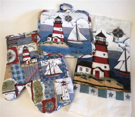 A brightly patterned linen dish towel mops up spills and wipes off dishes just as well as a plain one. Lighthouse Kitchen Towel & Pot Holder Set - Lighthouse Digest