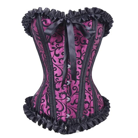 Purple Black Floral Pattern Ruffles Victorian Corset Sexy Gothic Corsets And Bustiers