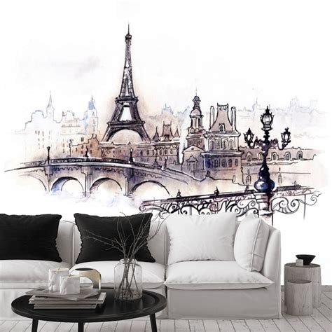 Wallpaper Mural Paris Eiffel Tower Peel And Stick Watercolor Etsy