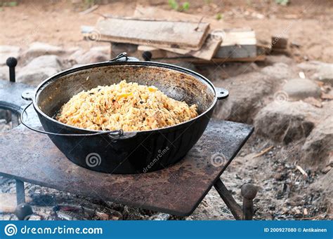 Large Cooking Pot With Finished Pilaff A Rice Carrot And Mutton Meat